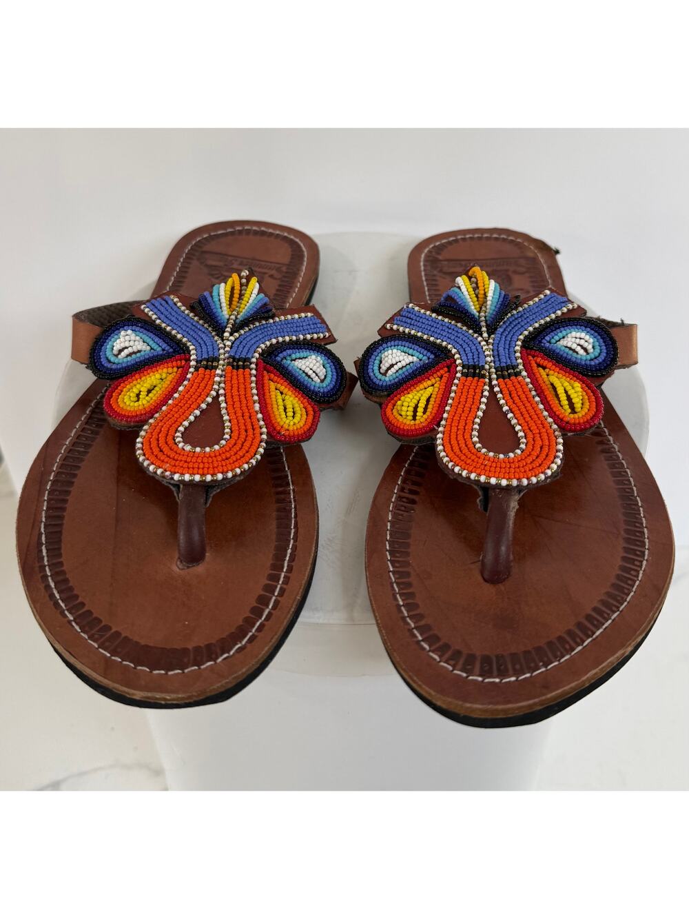 Beaded Leather Sandals Boho Festival Thong Flats Shoes Size 39 Multicolor W READ